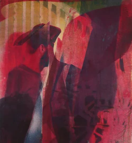 Dark atmospheric interior collage with warm lamplight and geometric shapes