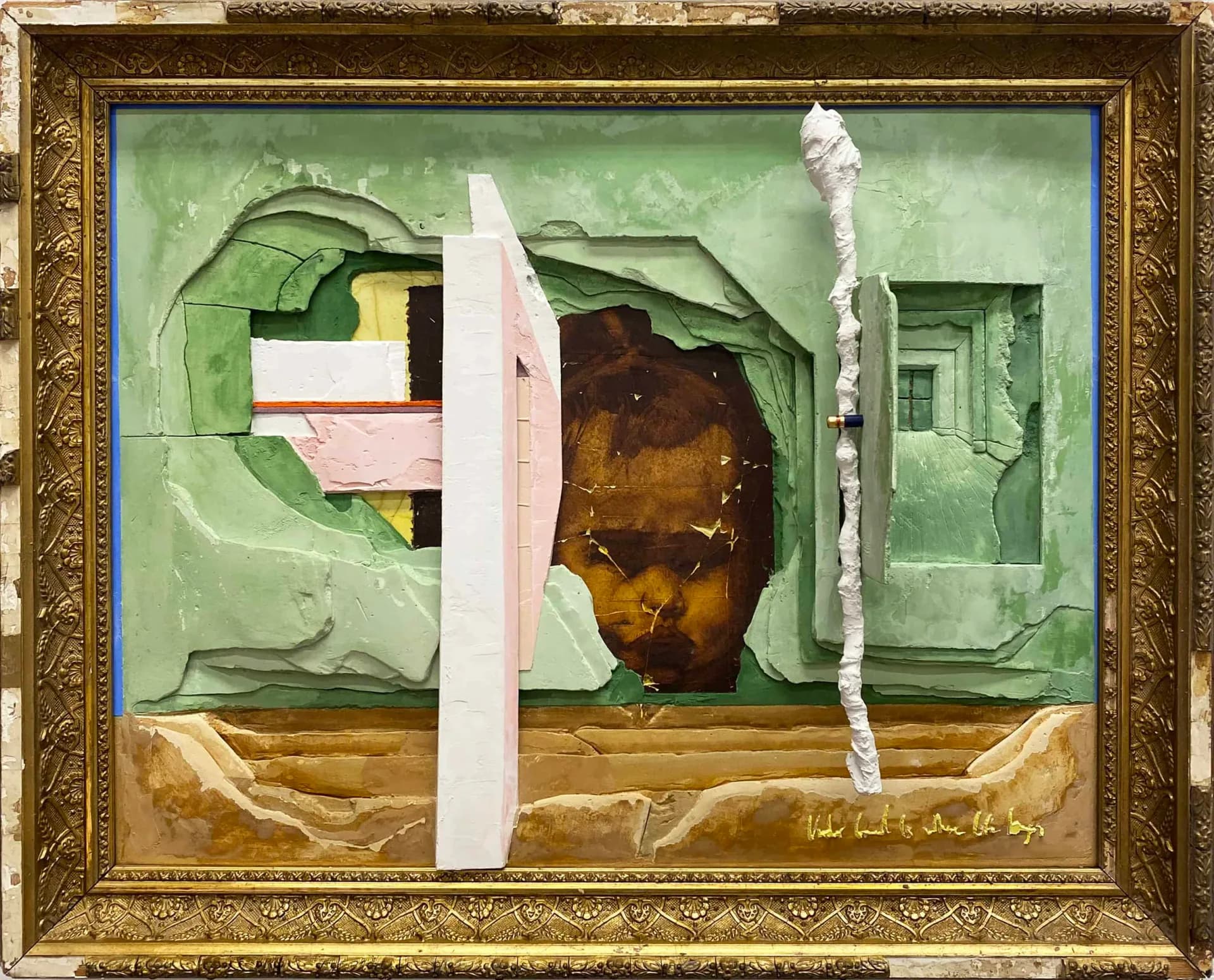 Mixed media relief work in green with a child's portrait emerging from sculptural plaster cavity, gold ornate frame