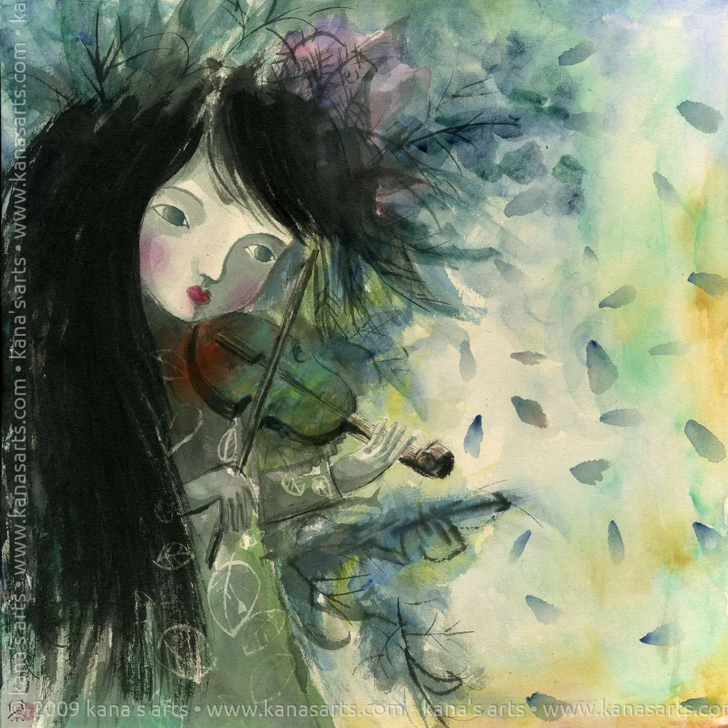 Girl with long black hair playing violin surrounded by falling leaves