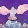 Painting of an angel-like figure over a cityscape on purple background