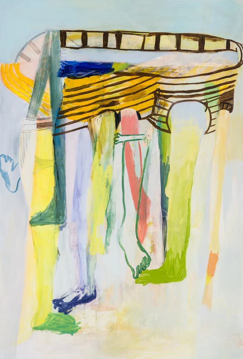 Large abstract painting with upturned boat and fragmented limbs in yellow, green, blue and pink