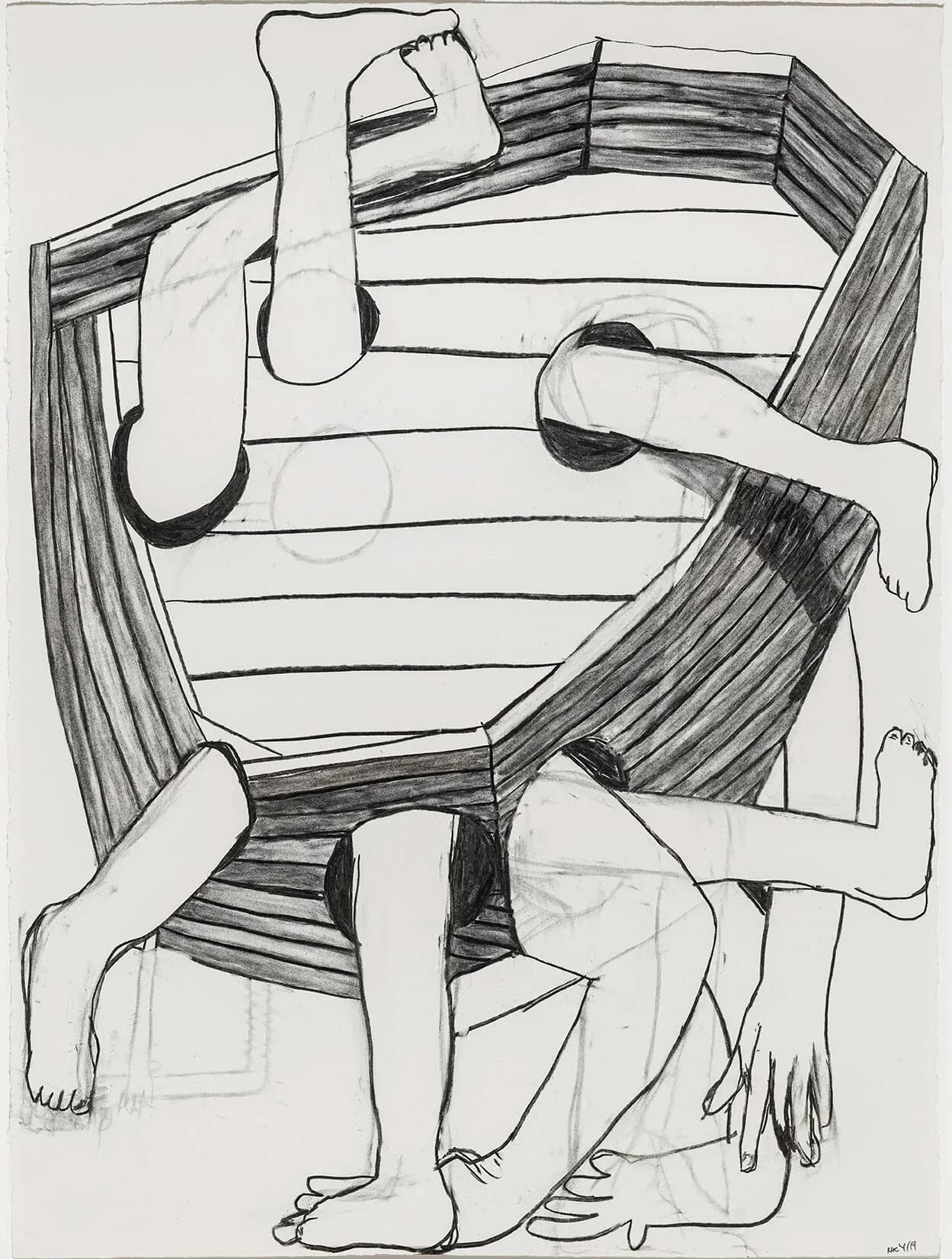 Charcoal drawing of multiple figures entangled with an inverted wooden boat