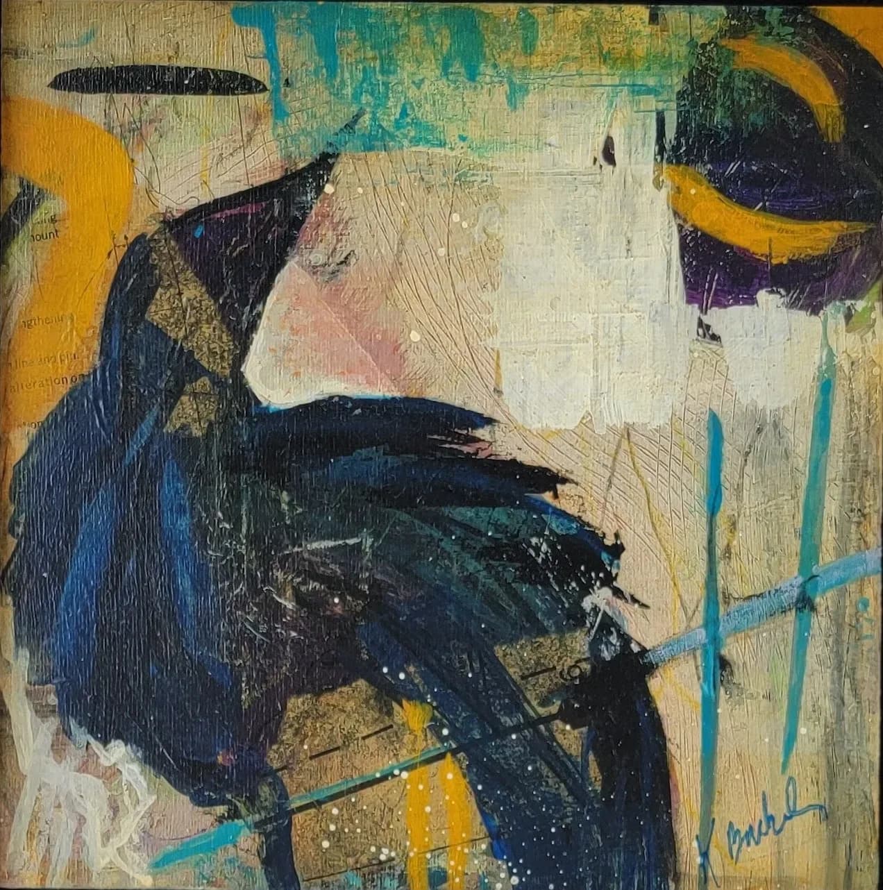 Close-up detail of Katie Buckels' abstract portrait painting with dynamic brushwork in dark navy, yellow, and turquoise on textured cream ground.