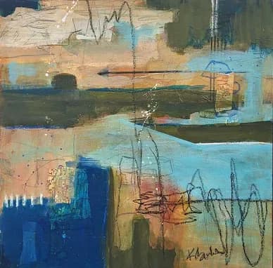 Abstract composition with horizontal color bands in blues, greens, and warm tones, featuring loose sketchy line drawings and mixed media layers.