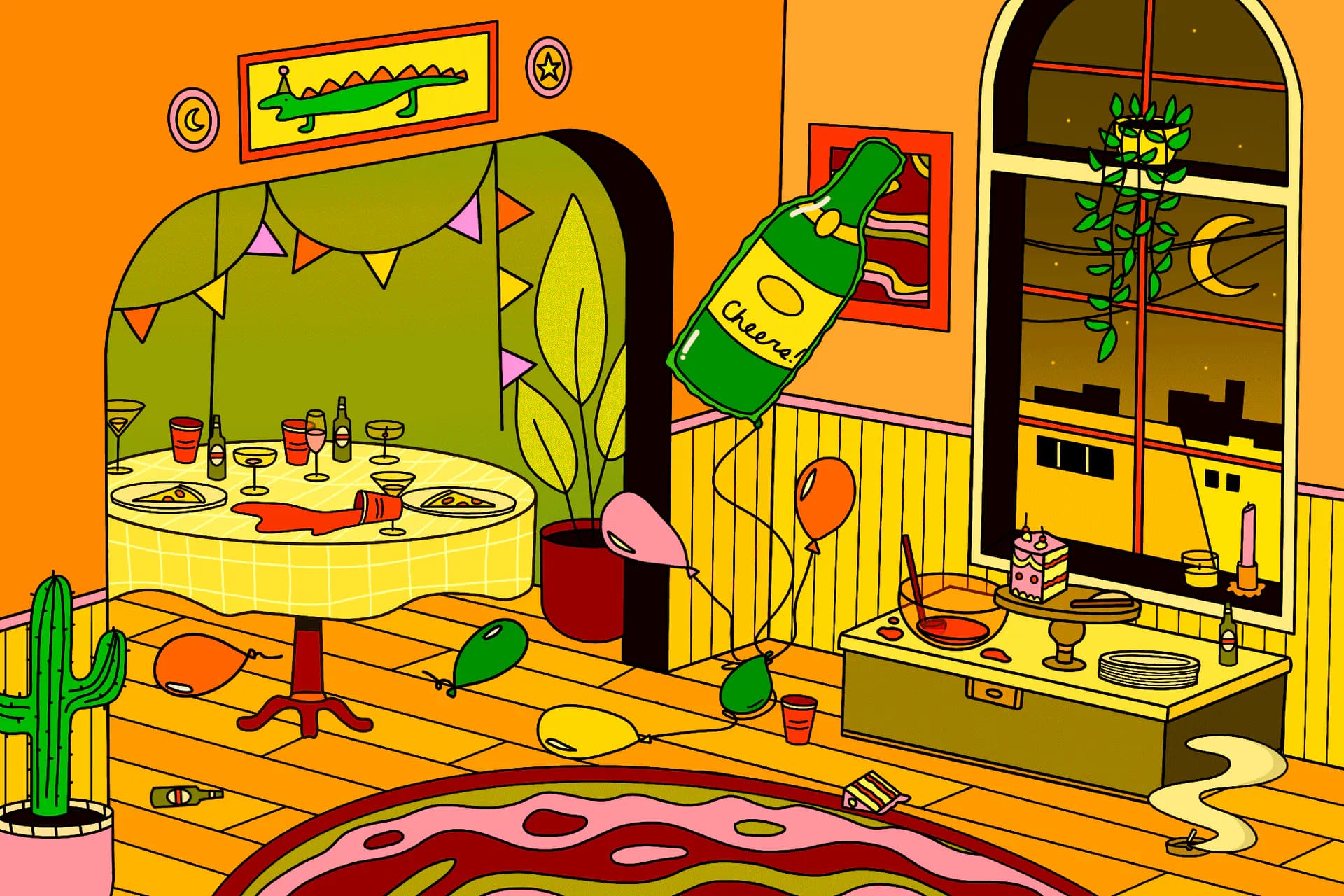 Colorful illustrated party room interior with floating champagne bottle, balloons, and dining table