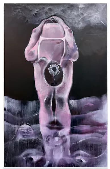 Tall pink and purple figurative painting with void and reflected face