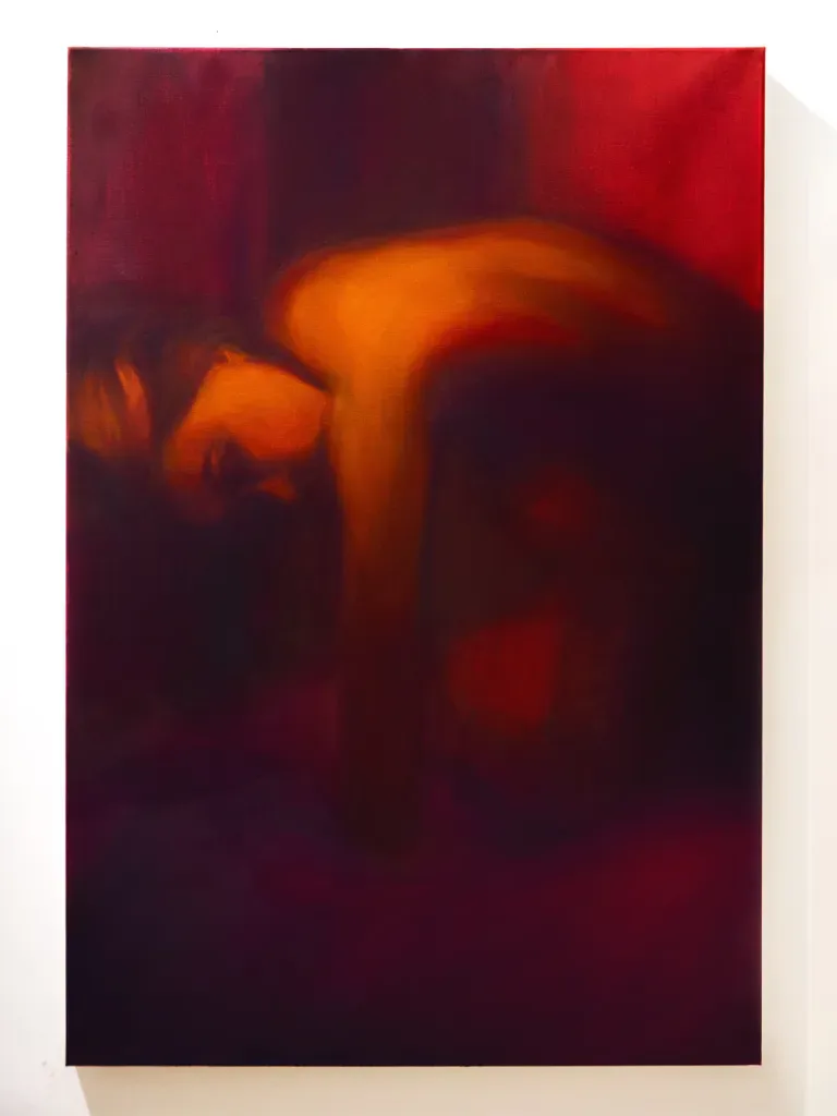 Figure curled forward in deep reds and purples with warm orange skin tones