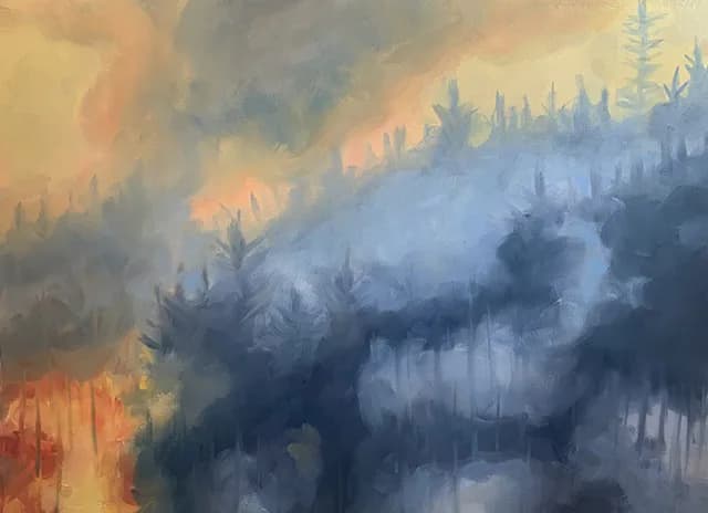 Atmospheric oil painting of a forested mountain landscape with wildfire and smoke, rendered in warm oranges, blues, and grays with moody lighting.