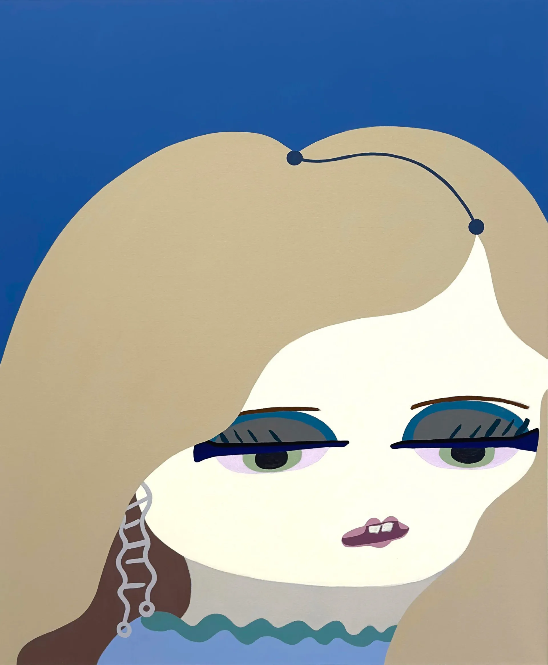 Flat graphic painting of a close-up female face with blue background, teal eyeshadow, and ladder earring
