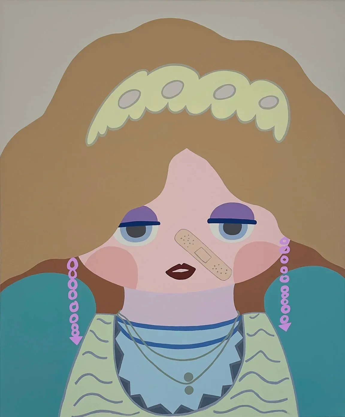 Flat graphic painting of a stylized female figure with band-aid on nose, curly crown, and dangly earrings