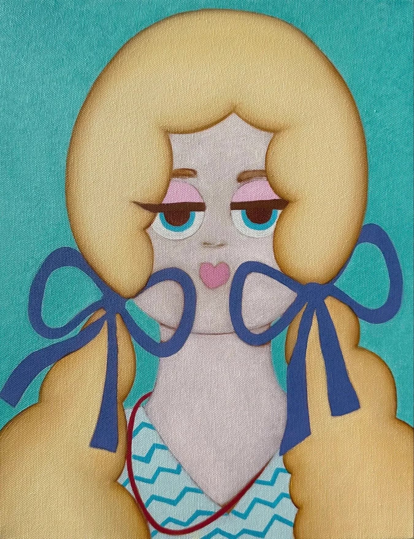 Painting of a doll-like figure with large blue bows, turquoise background, and heart-shaped lips