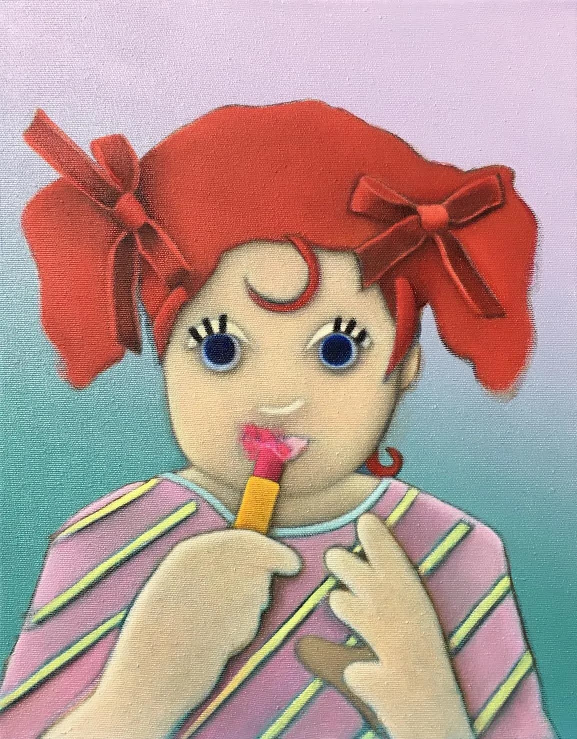 Acrylic painting of a young girl with red pigtailed bows, pale face with blue eyes and pink mouth, holding a popsicle, wearing pink striped shirt against turquoise-gradient background.