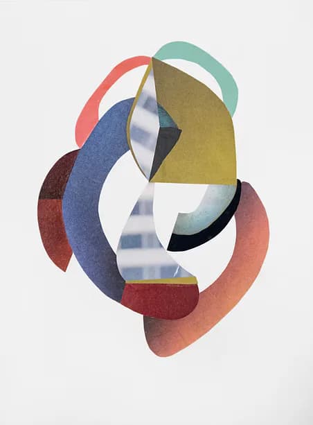 Abstract collage with interlocking circular arcs in muted reds, blues, gold, and teal on white
