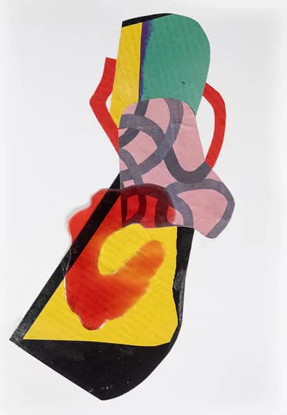 Abstract collage with bold green, pink, red, black, and yellow stacked geometric and organic forms on white