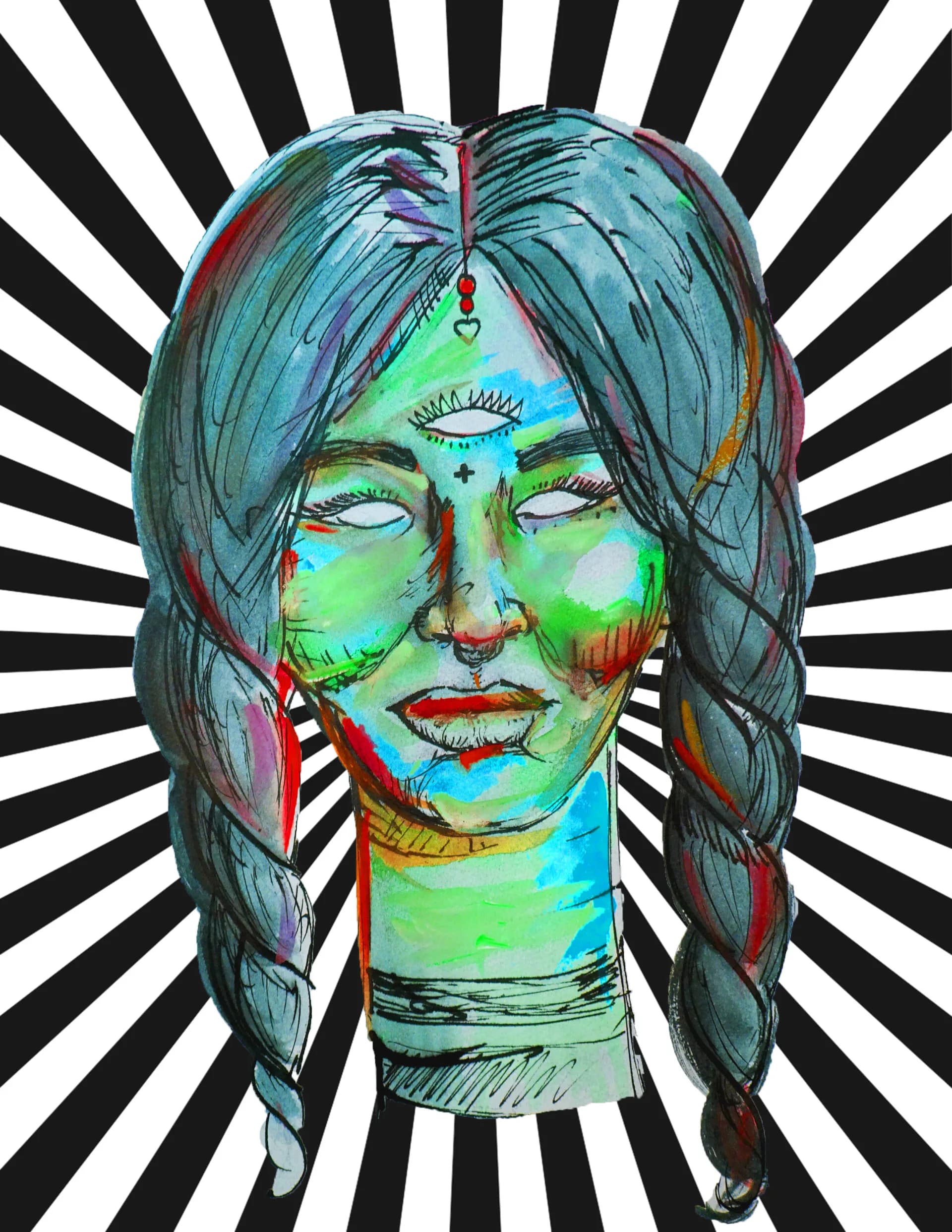 Mixed media watercolor and ink portrait of a figure with braids against black and white starburst background