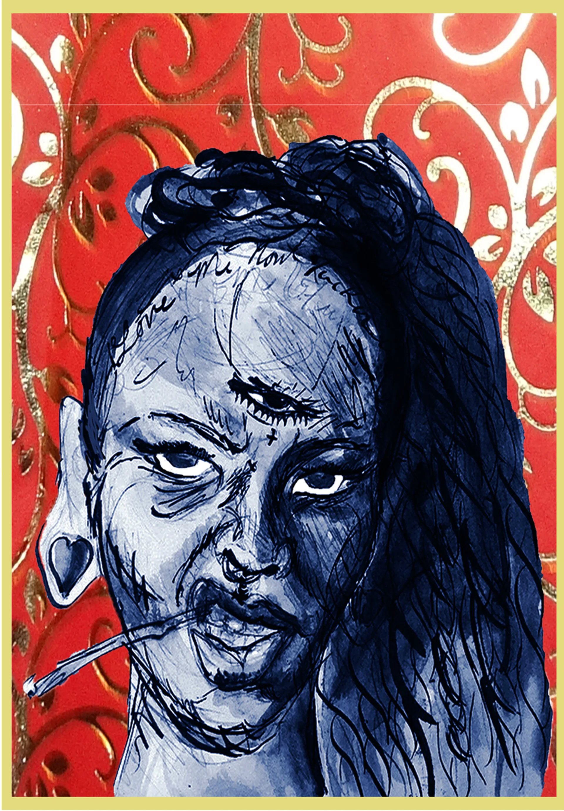 Blue ink and watercolor portrait of a smoking figure on red background with gold floral motifs