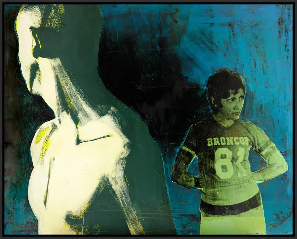 Mixed-media painting of a woman with yellow sunglasses in front of a clothesline against a turquoise background