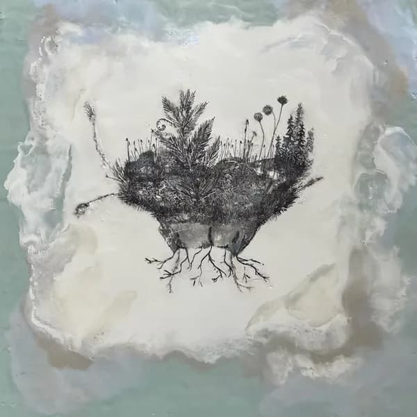 Mixed media artwork of a floating island with plants and roots on encaustic white ground with sage green border