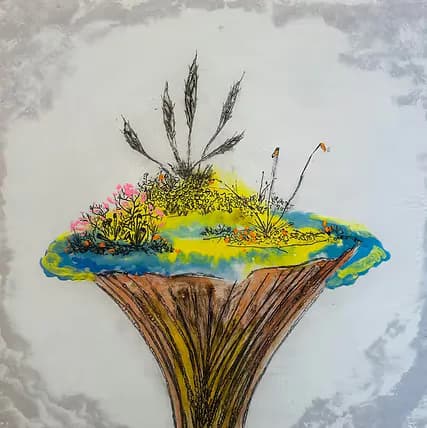 Mixed media artwork of a mushroom-like pedestal topped with a lush miniature landscape in yellow, green, and pink