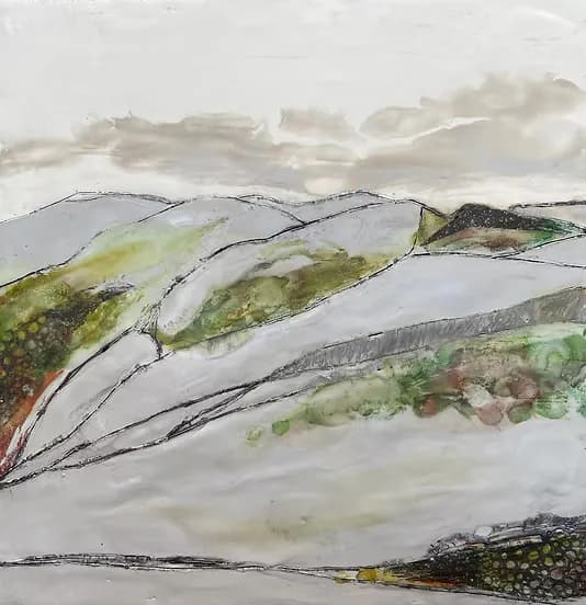 Abstract mixed media landscape painting of rolling hills in grey and green with ink line drawing