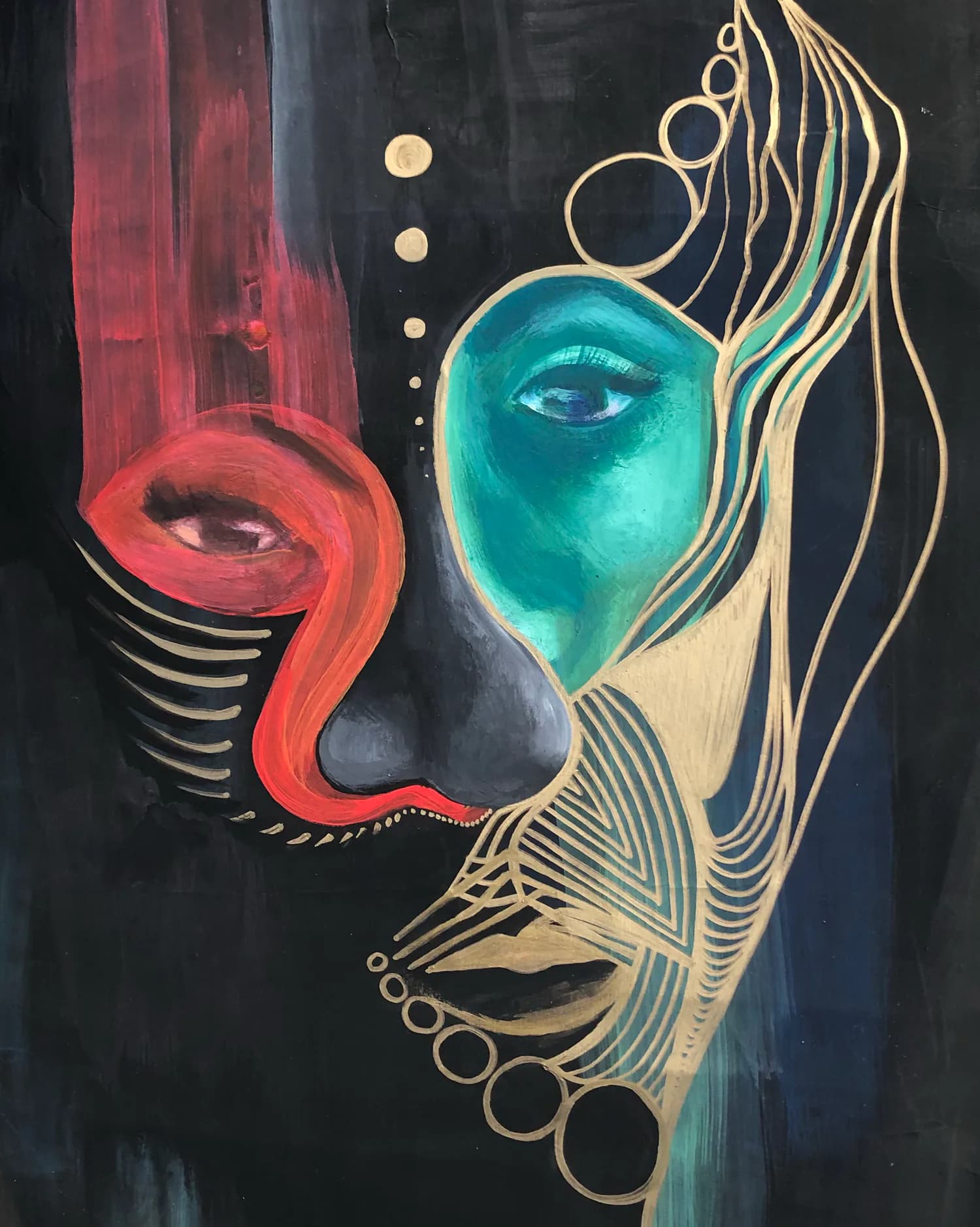 Abstract mixed-media portrait featuring two stylized faces in red and turquoise with gold line work on dark background.