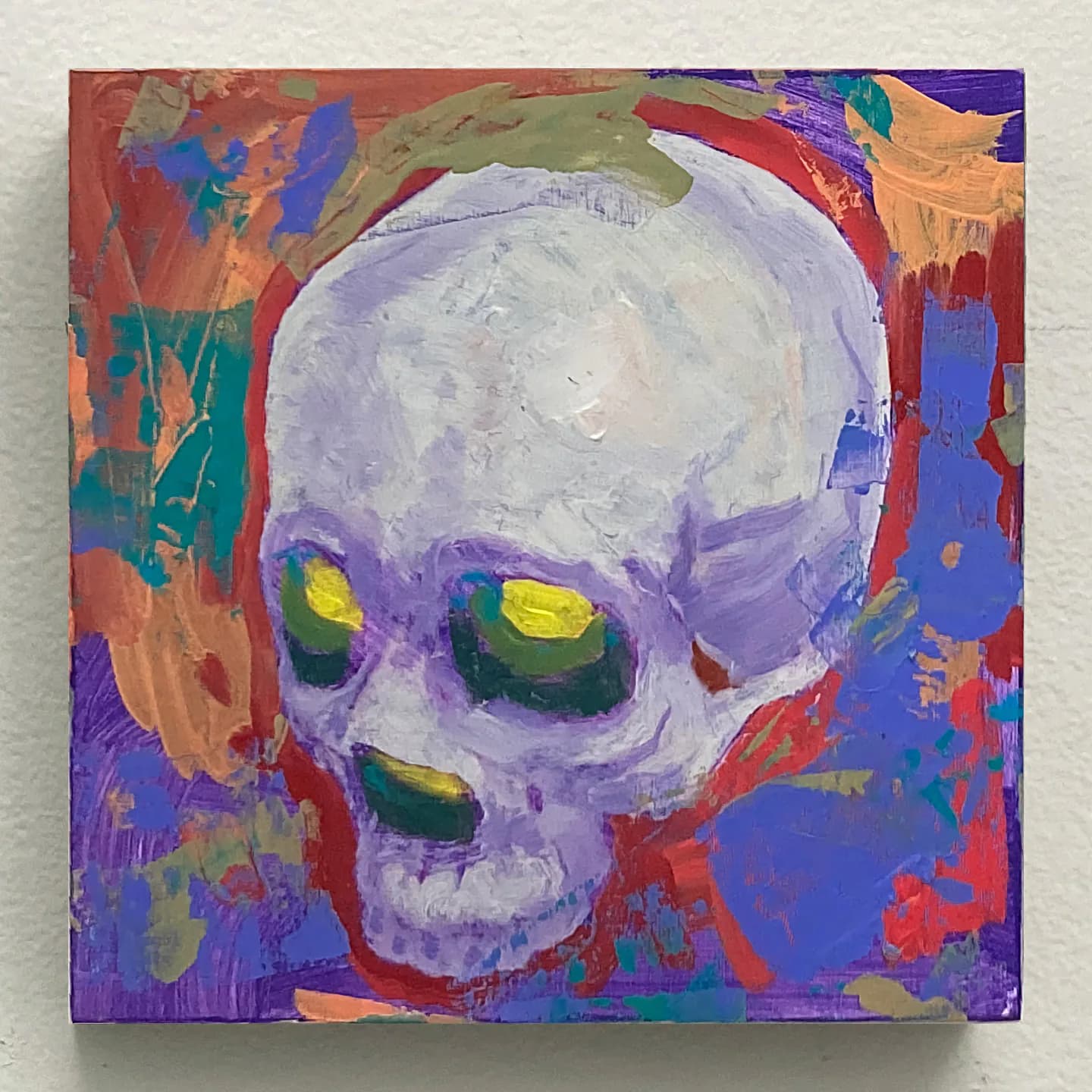 Small painting of a skull rendered as a glowing nebula in deep space with stars