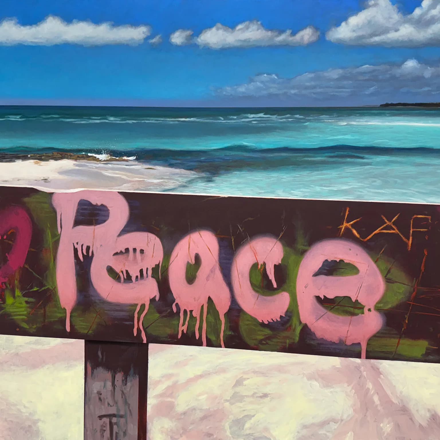 Painting of a beach scene with a wooden barrier sign bearing pink graffiti reading 'Peace'