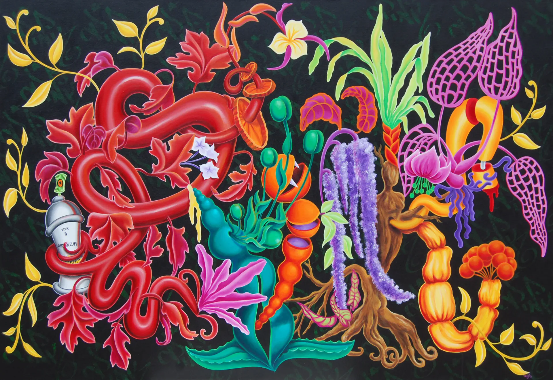 Colorful mixed-media illustration on black background: ornate red swirls, vibrant botanicals in pink, orange, yellow, purple, and teal with decorative foliage border.