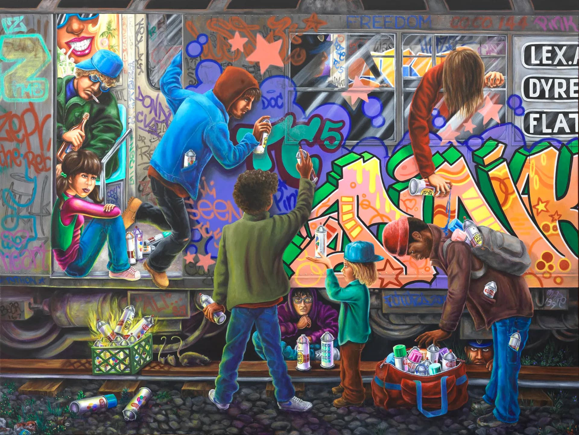 Large-scale mural depicting diverse figures interacting with bold graffiti elements; multicolored composition with blue, green, yellow, and purple spray paint.