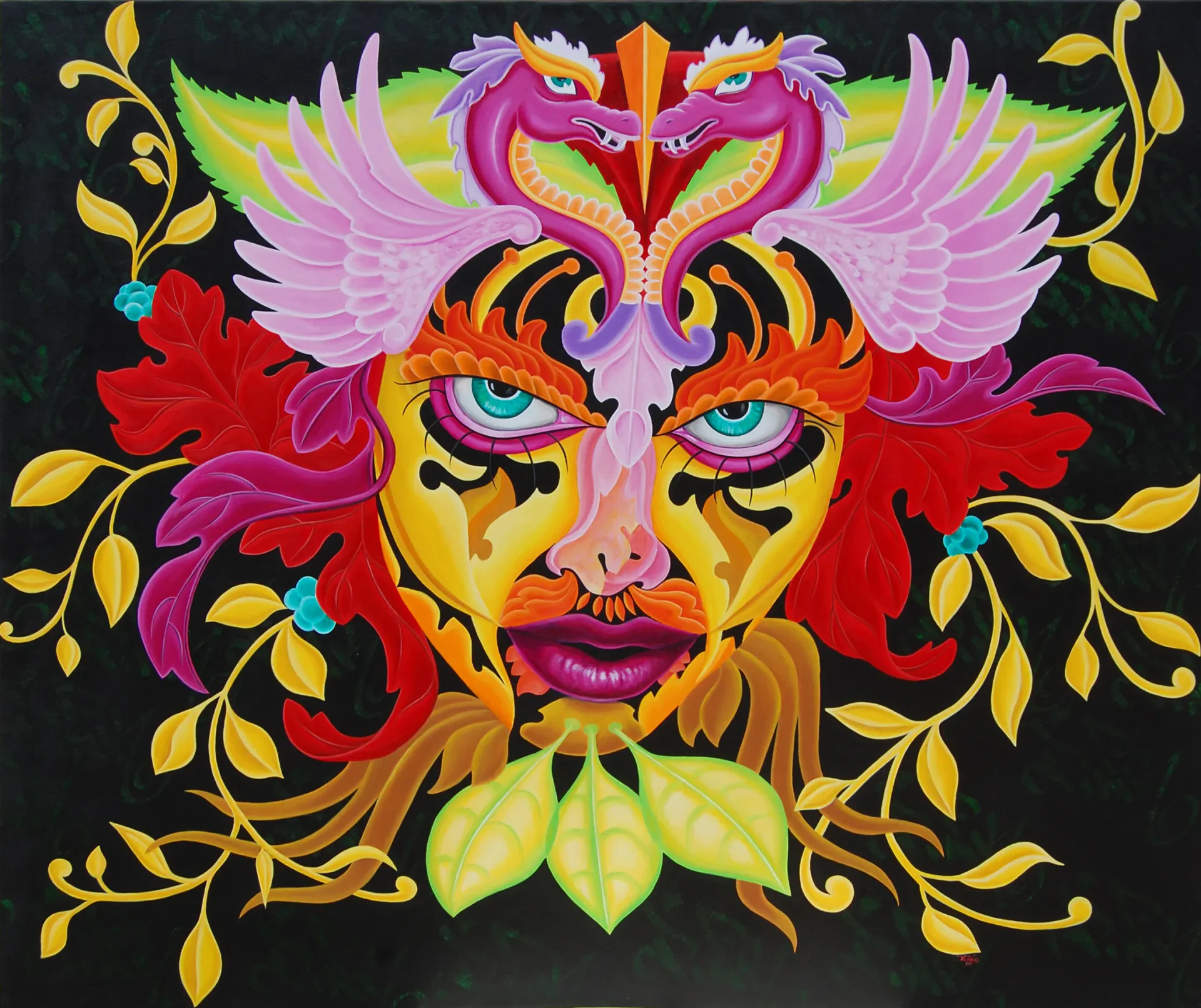 Symmetrical mixed-media portrait on black background: ornate androgynous face with magenta, yellow, and orange tones, winged elements, and elaborate botanical frame.
