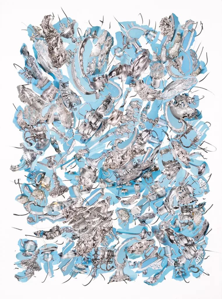 Paper collage with dispersed colorful Rococo porcelain figurine fragments on white ground