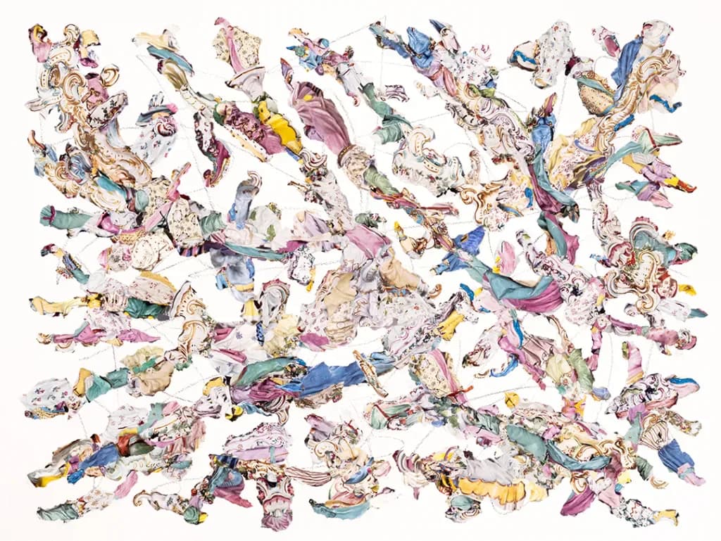 Paper collage with scattered silver baroque objects on blue painted ground