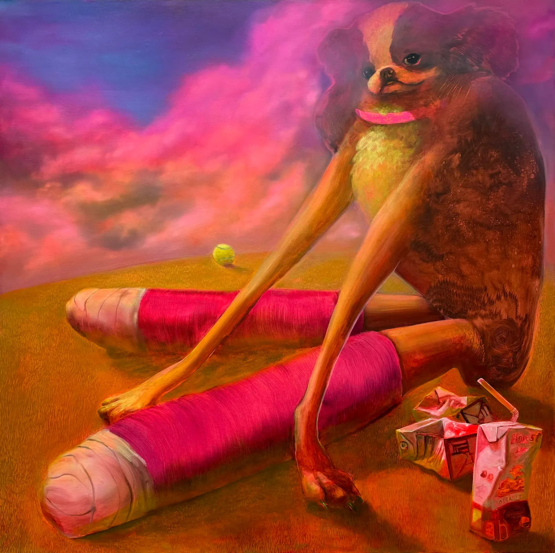 Anthropomorphic dog figure with pink-bandaged legs seated in surreal pink-clouded landscape with juice boxes