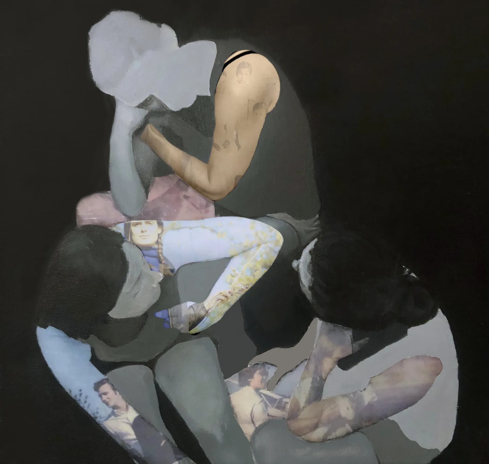Large-scale mixed media collage of three reclining women with layered photographic backgrounds
