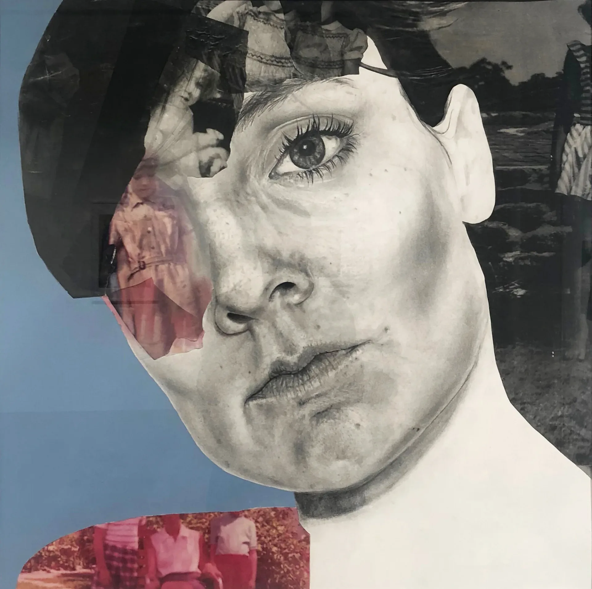 Mixed media portrait of a seated figure in patterned jacket with collaged face on blue-green ground