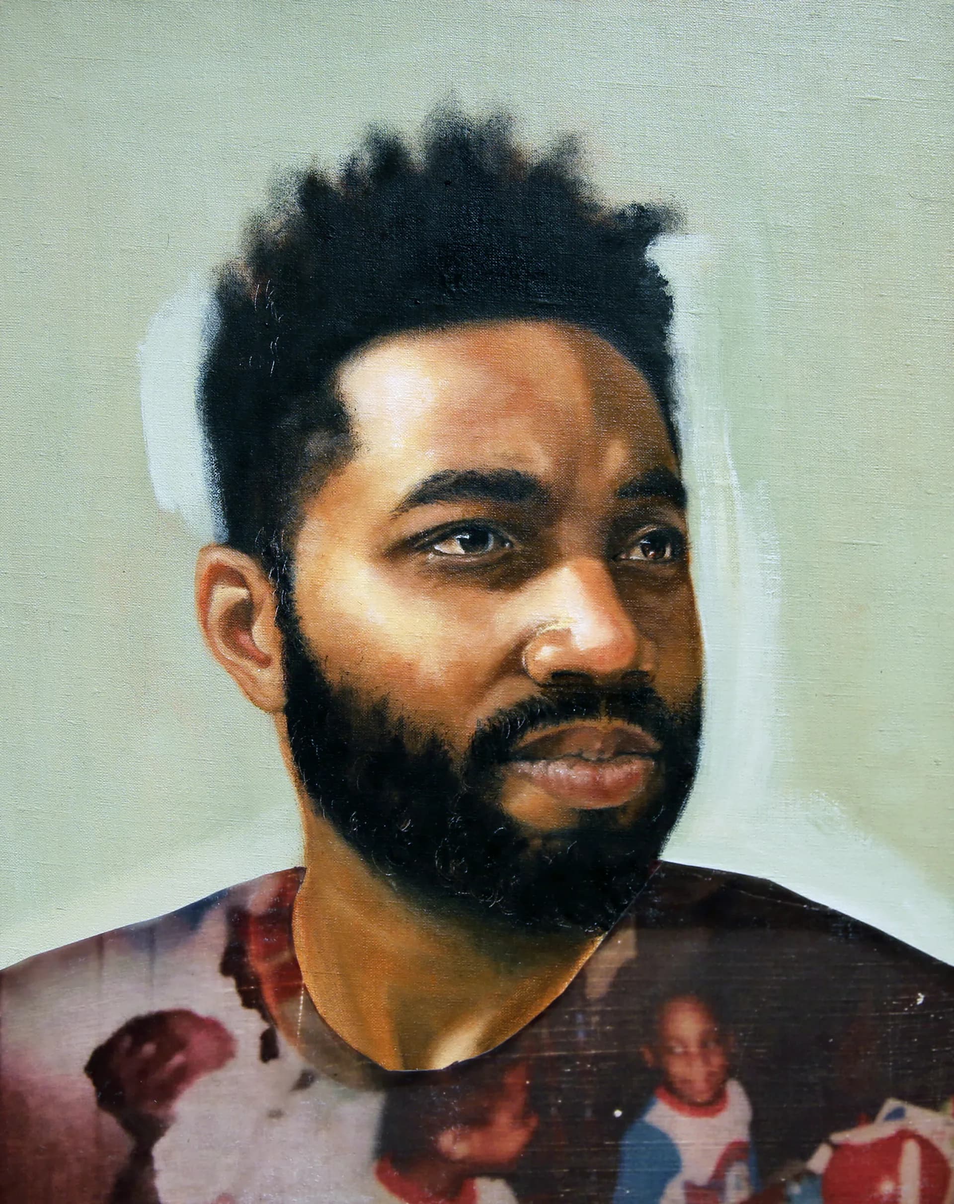 Realist oil portrait of a man with photographic collage embedded in clothing and background