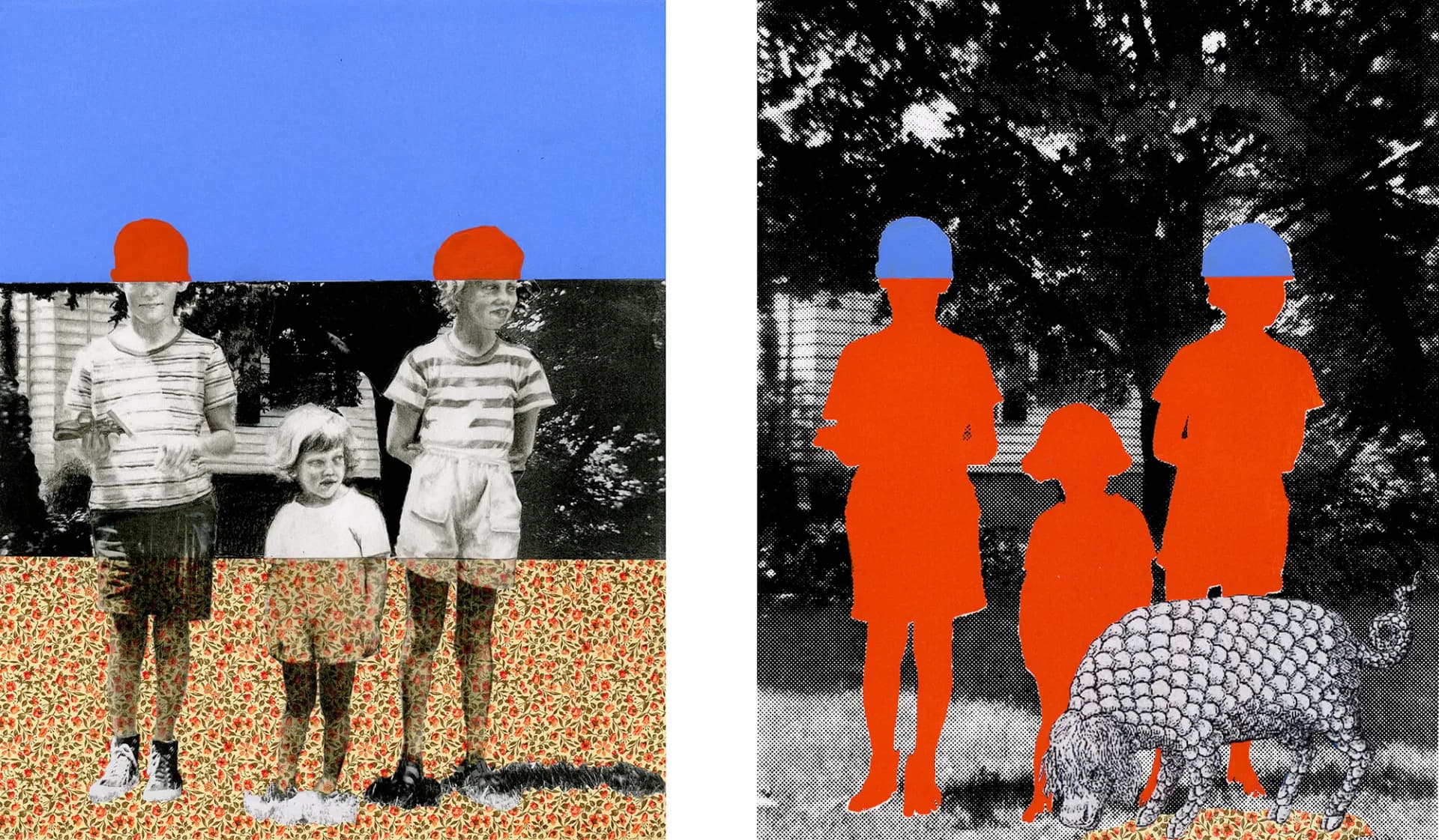 Mixed media diptych collage of children with bold red and blue geometric color fields