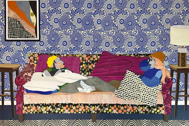 Mixed-media collage of a figure lying on a magenta couch against blue patterned wallpaper, composed of varied fabric patterns and textures.