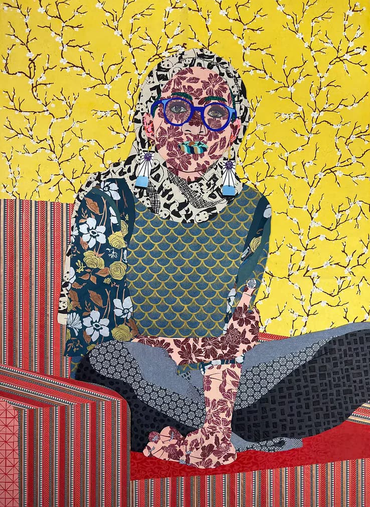 Mixed-media portrait of a figure with patterned face against bright yellow leafy background, wearing layered patterned clothing in blue, red, and black.