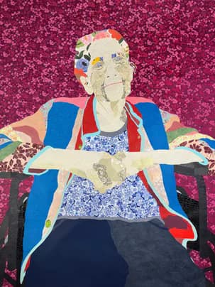 Mixed-media collage portrait of an elderly figure with outstretched arms against magenta glitter background, wearing colorful patterned jacket.