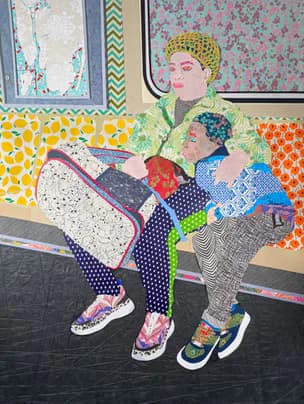 Mixed-media artwork depicting a seated figure holding children against patterned background with colorful fabric collage elements and bold graphic patterns.