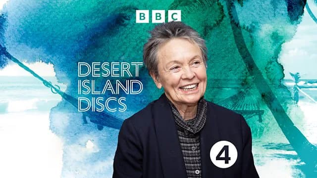 Smiling woman with short blonde hair against a blue watercolor background with BBC Desert Island Discs branding.