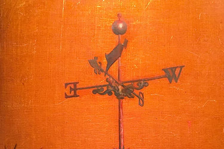 Weather vane silhouette painted in dark tones against a bright orange textured background, showing directional arrows and a sphere finial.