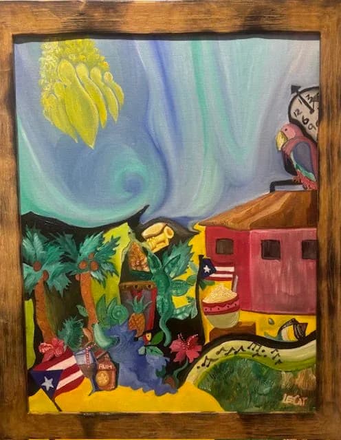 Colorful acrylic painting in wooden frame depicting a whimsical nighttime scene with yellow moon, owl, red house, and tropical plants in vibrant hues.