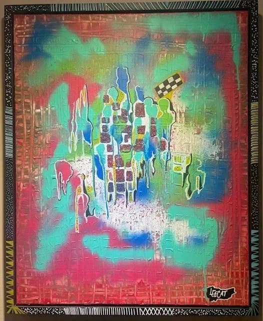 Abstract mixed-media painting with bold neon background in red, green, and blue, featuring geometric white and colored shapes in center with decorative border frame.