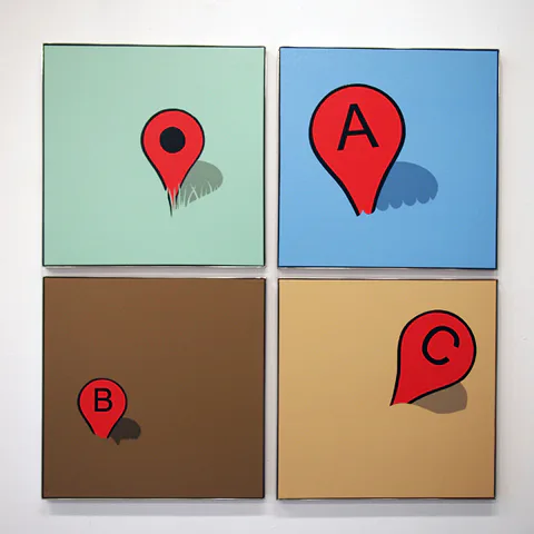 Four-panel painting with generic social media profile silhouettes in yellow, white, red, and blue