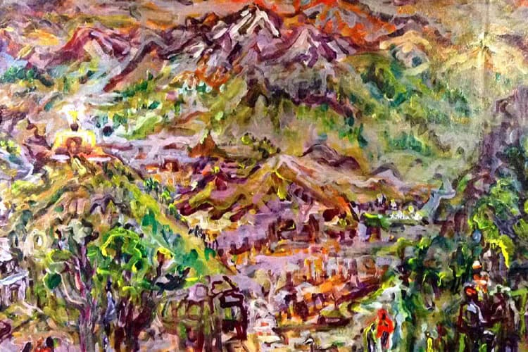 Abstract expressionist painting with layered brushstrokes in purples, greens, yellows, and reds depicting a dynamic landscape or mountainous terrain.