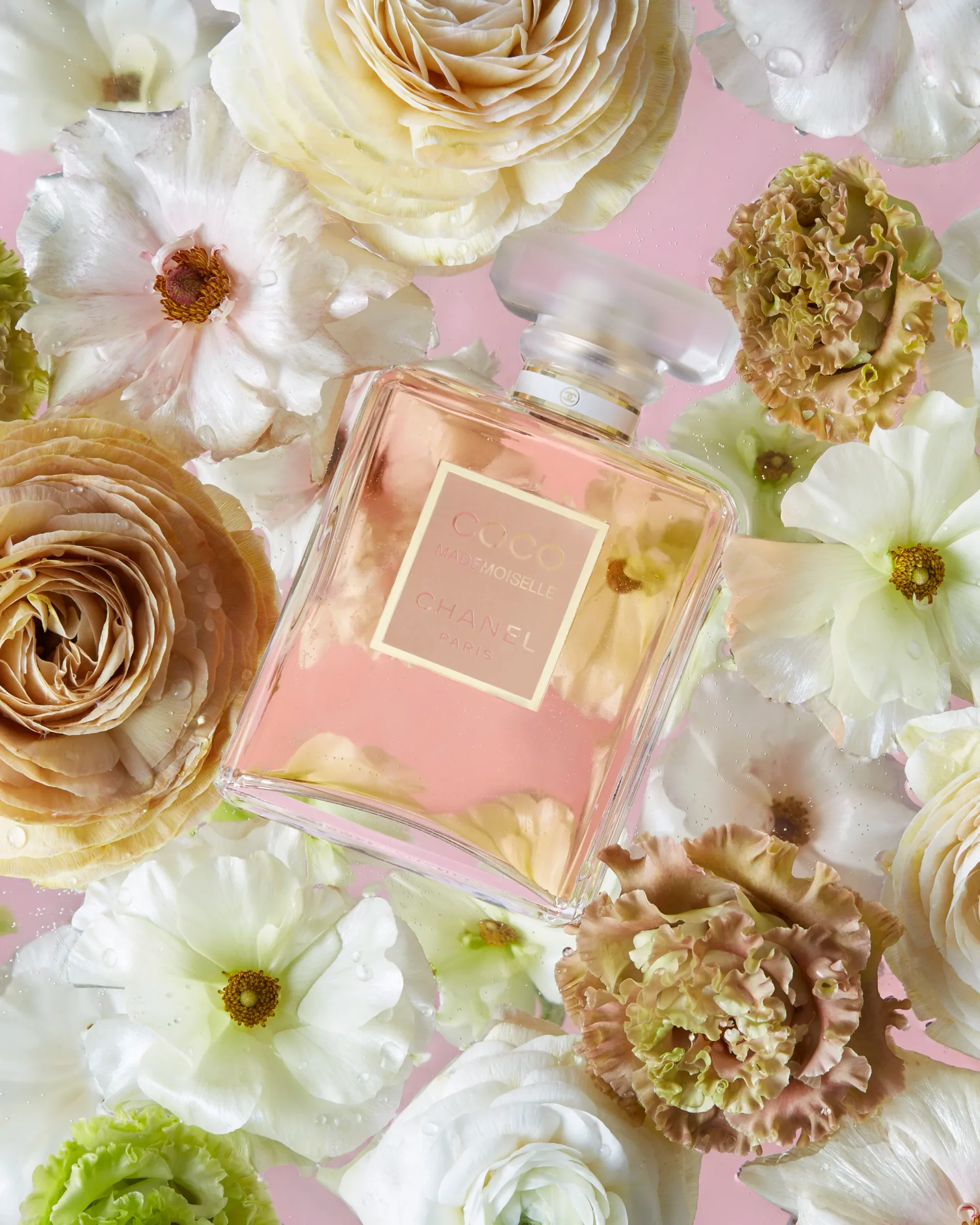Chanel Coco Mademoiselle perfume bottle surrounded by white and cream flowers on pink background