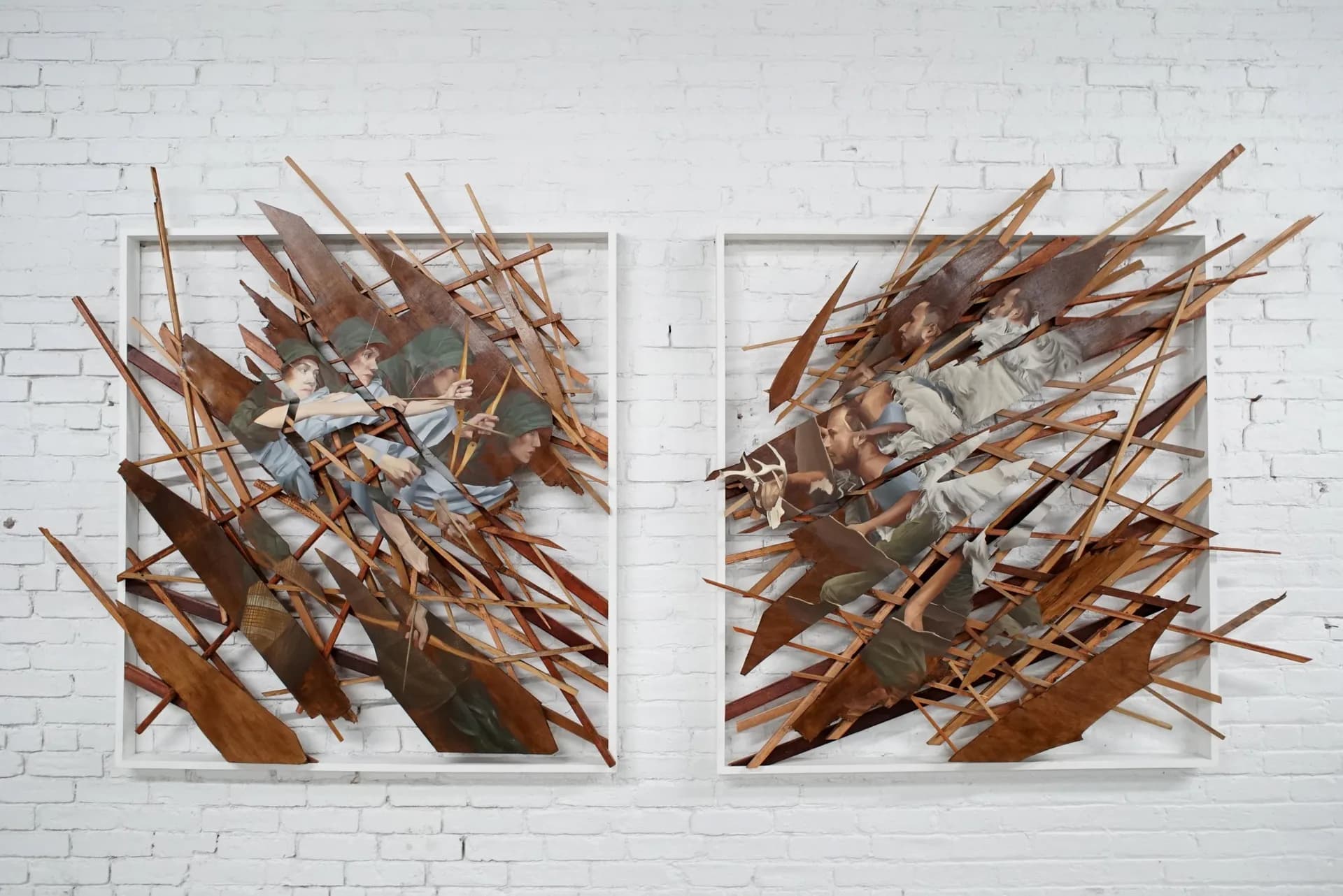 Diptych mixed-media wall sculptures with painted figures entangled in wooden slats