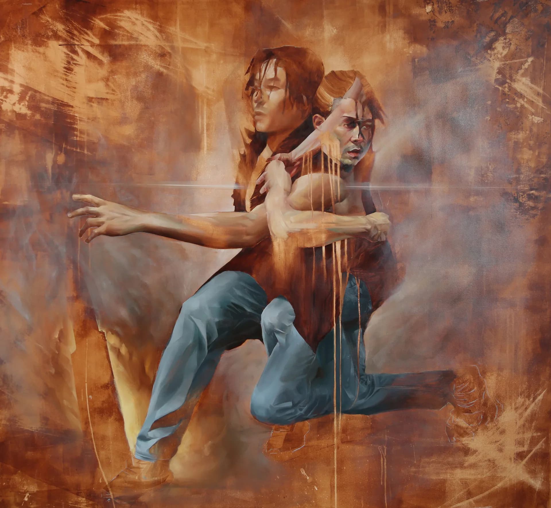 Large canvas painting of multi-exposure female figure in warm amber tones with dynamic motion